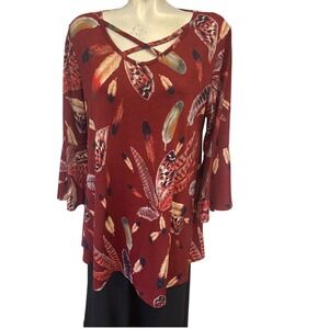 Womens Red Feather Printed Strappy Cross Neck Blouse Size‎ M 3/4 Flowy Sleeve